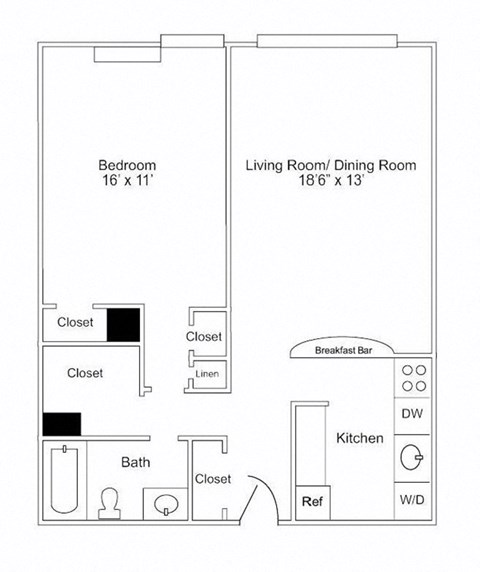 Floor plan for 1 bed, 1 bath, 747 sqft